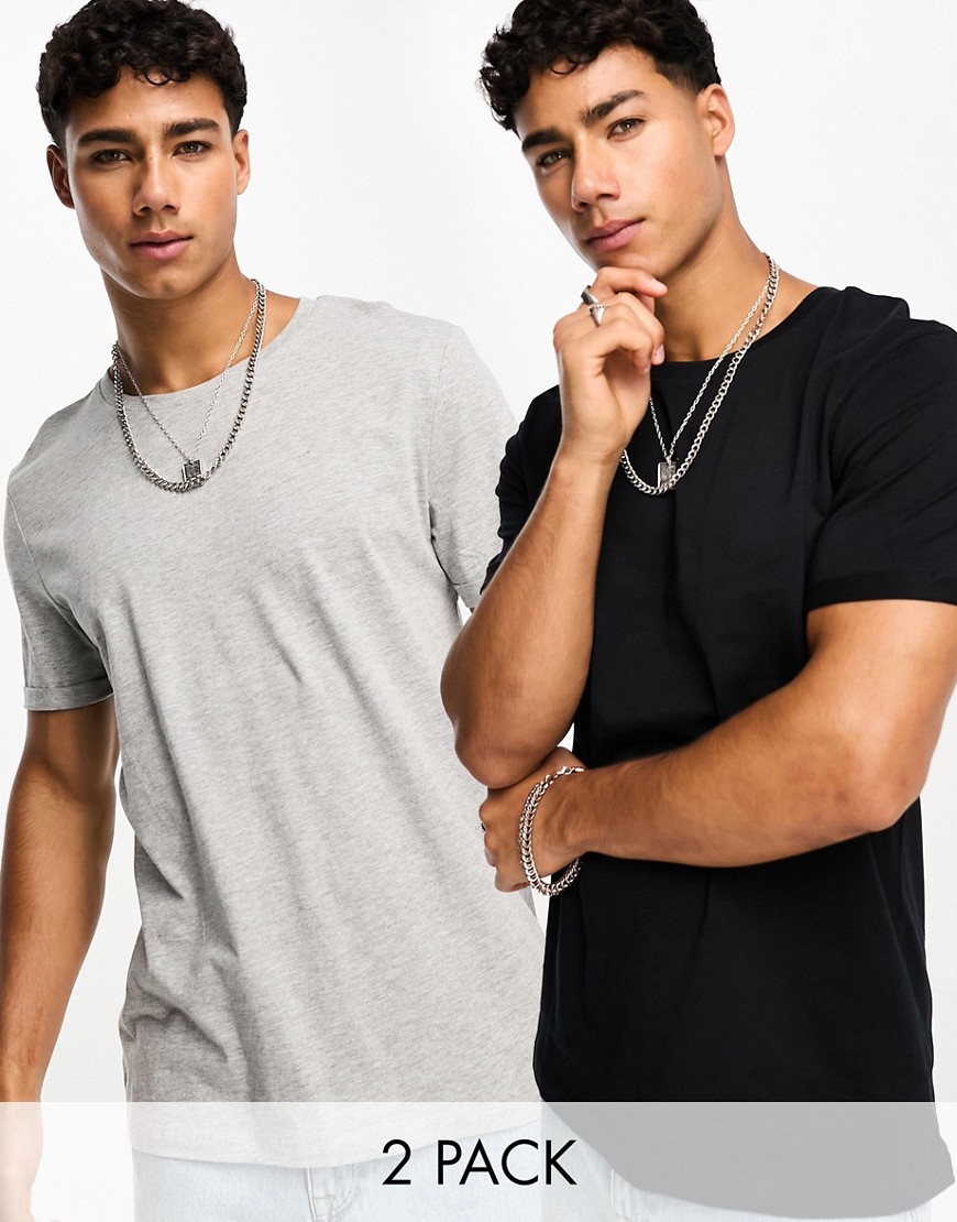 ASOS DESIGN 2 pack t-shirt with roll sleeve in black and grey marl-Multi