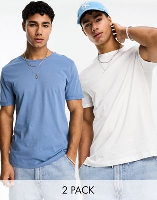 ASOS DESIGN 2 Pack  t-shirt with roll sleeve in white and blue
