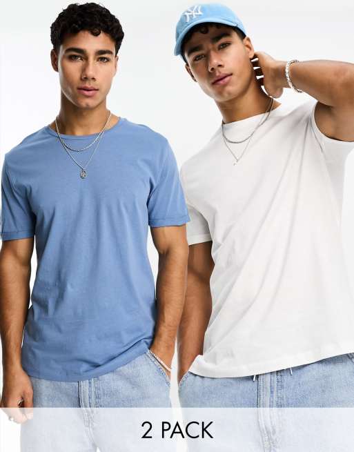 ASOS DESIGN 2 Pack t-shirt with roll sleeve in white and blue