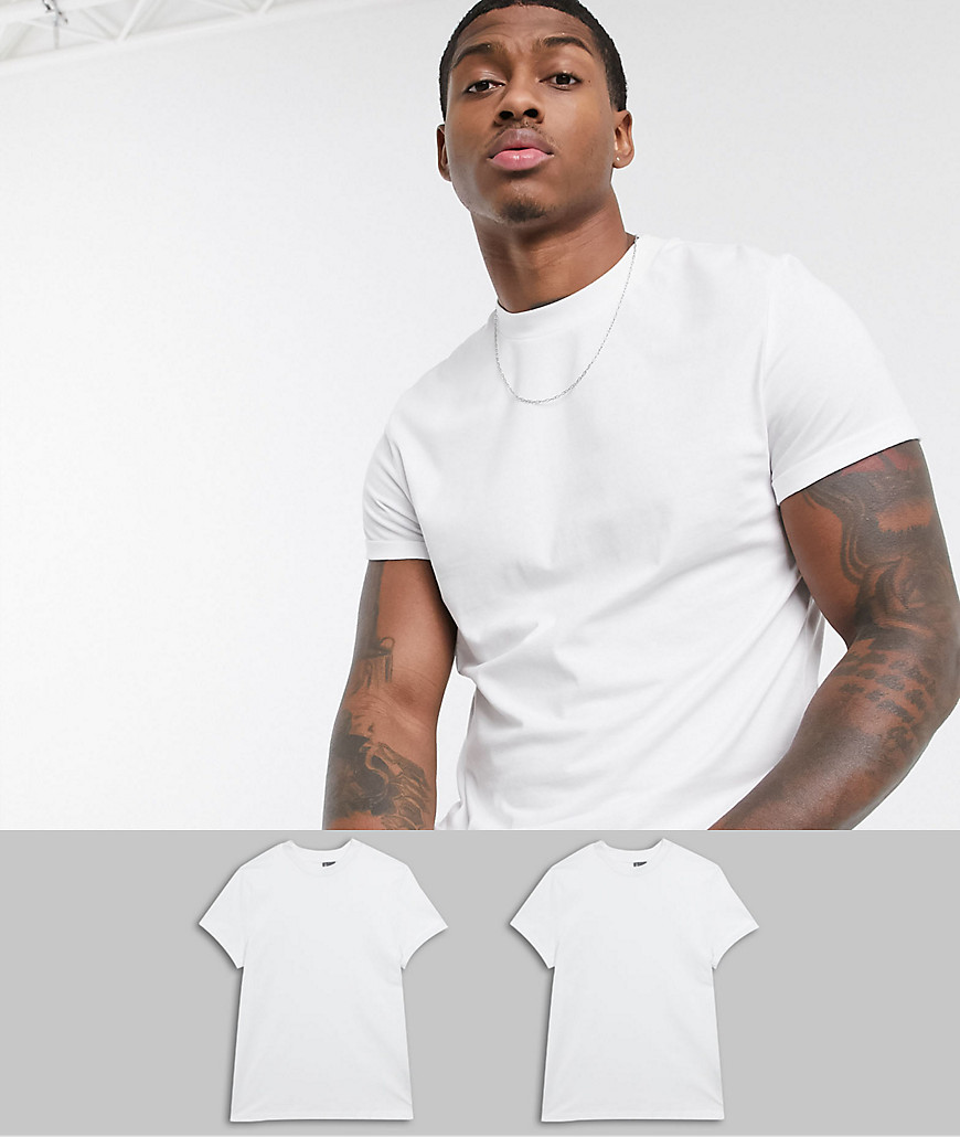 ASOS DESIGN – 2-pack t-shirtar med rund halsringning och uppvikta ärmar – Spara-Vit