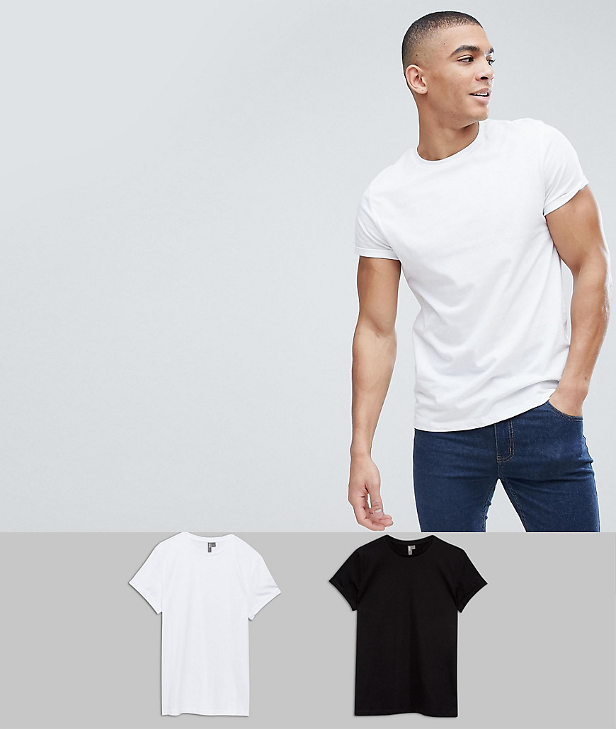 ASOS DESIGN – 2-pack t-shirtar med rund halsringning och uppvikta ärmar – Spara-Flerfärgad