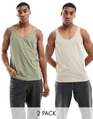 2 pack tank tops in stone and khaki-Multi