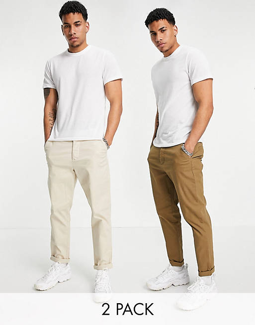  2 pack tapered chinos in brown and beige save 