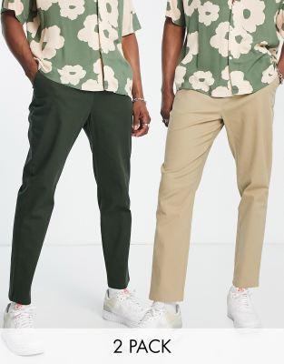 ASOS DESIGN 2 pack tapered chinos in light khaki and dark khaki