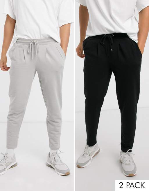 ASOS DESIGN 2 pack tapered joggers with pleats in black & light grey | ASOS