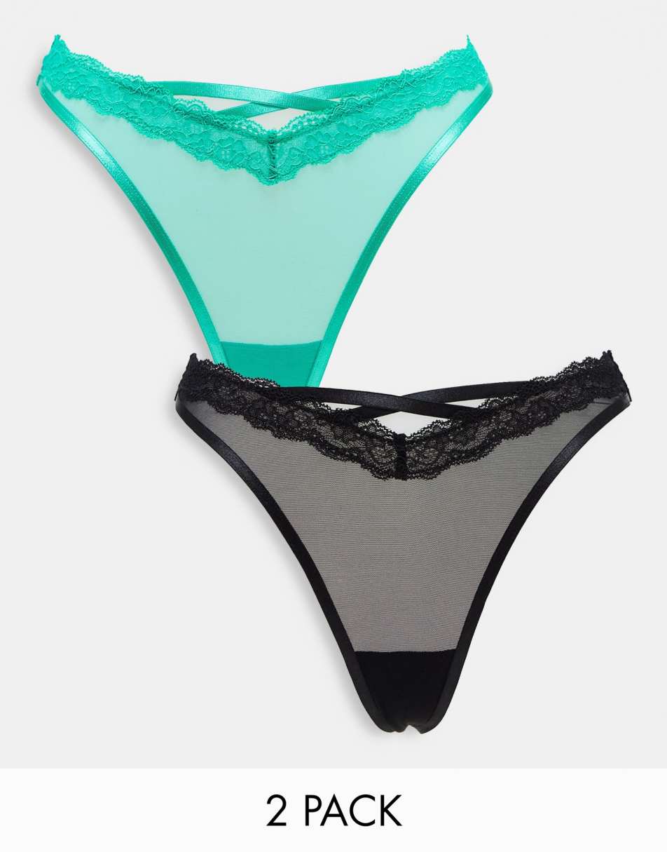 ASOS DESIGN 2 pack Tara lace & mesh thong in black & bright green