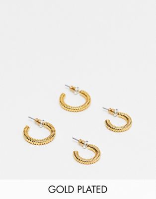 ASOS DESIGN 2 pack textured hoop earrings set in 14k gold plate