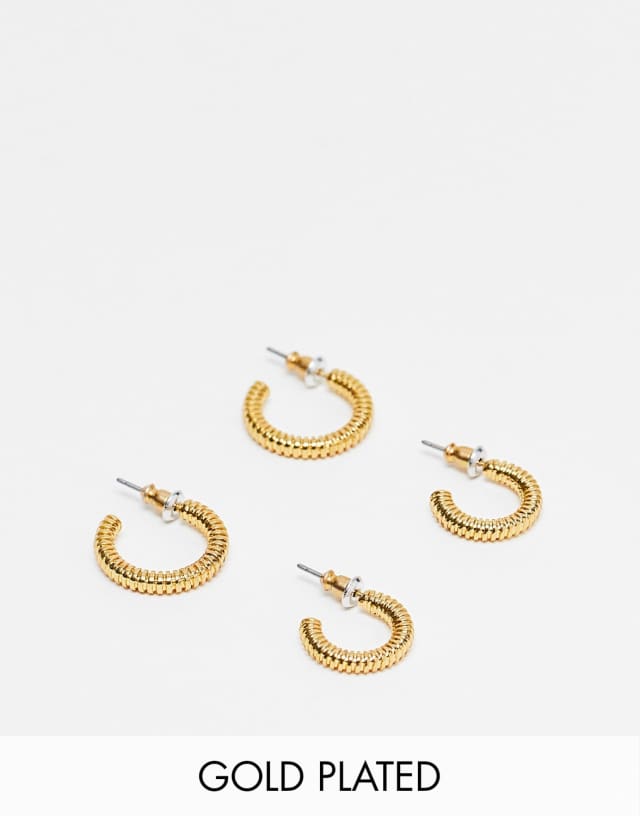 ASOS DESIGN 2 pack textured hoop earrings set in 14k gold plate