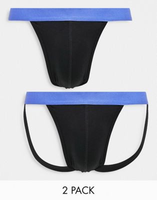 ASOS DESIGN 2 pack thong and jock strap in black with contrast blue waistband