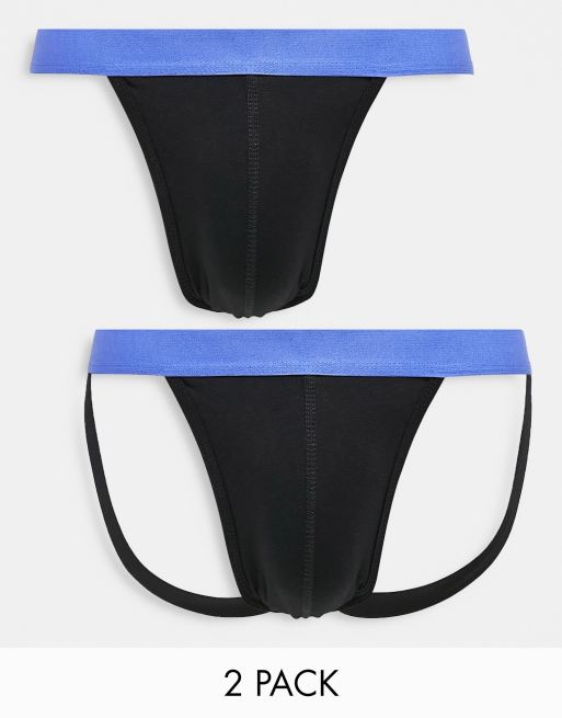 ASOS DESIGN 2 pack thong and jock strap in black with contrast blue  waistband