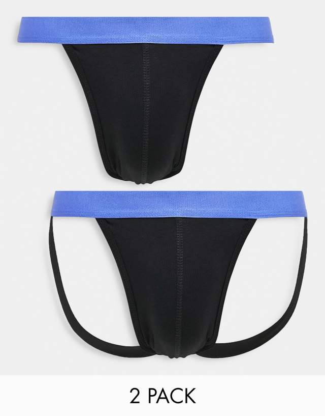 ASOS DESIGN 2 pack thong and jock strap in black with contrast blue waistband