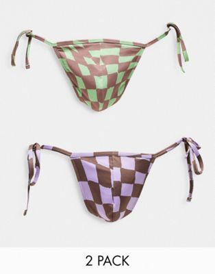 Asos Design 2 Pack Thong With Side Ties In Check Print-multi