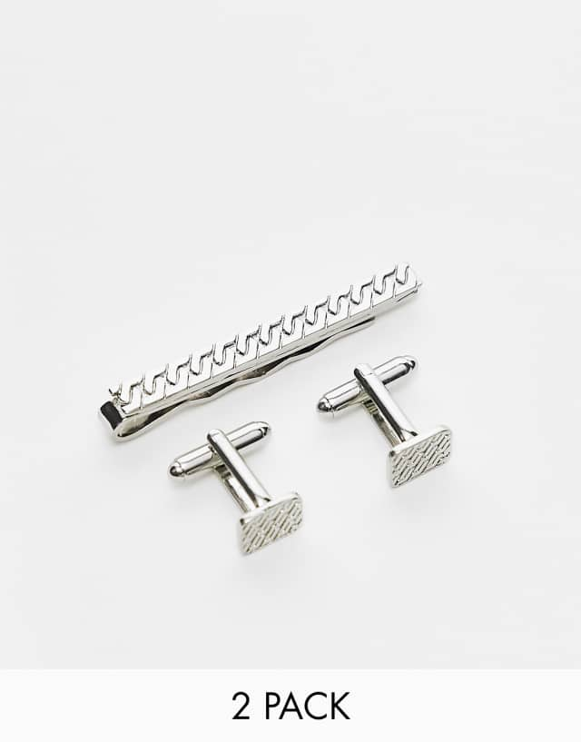 ASOS DESIGN 2 pack tie bar and cufflink set with emboss details in silver tone