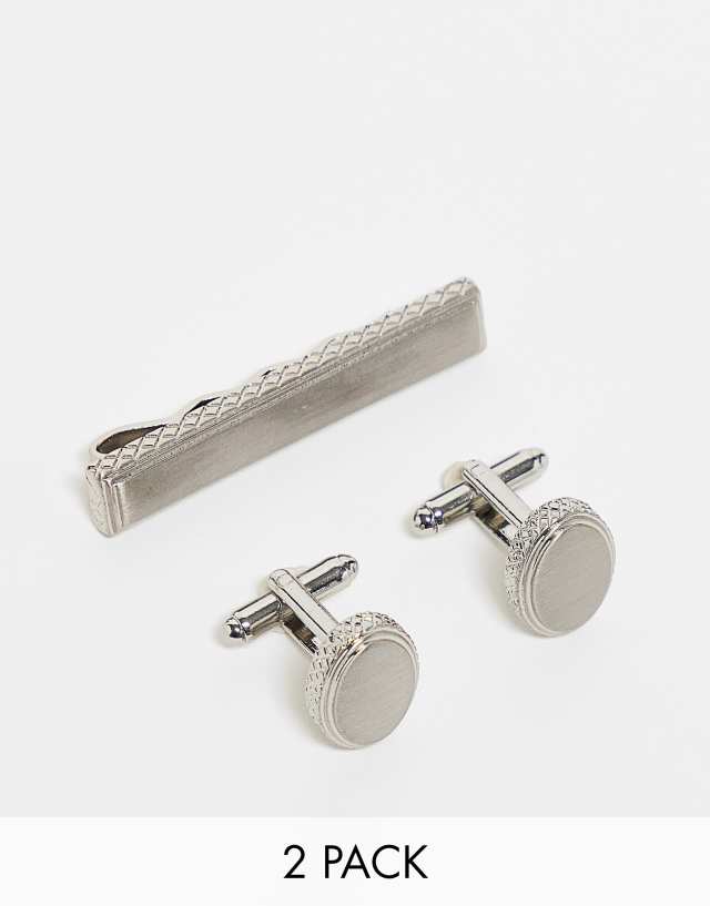 ASOS DESIGN 2 pack tie bar and cufflinks set with cross hash engraving in silver tone