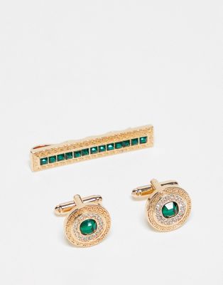 ASOS DESIGN wedding 2 pack tie bar and cufflinks set with green crystals in gold tone