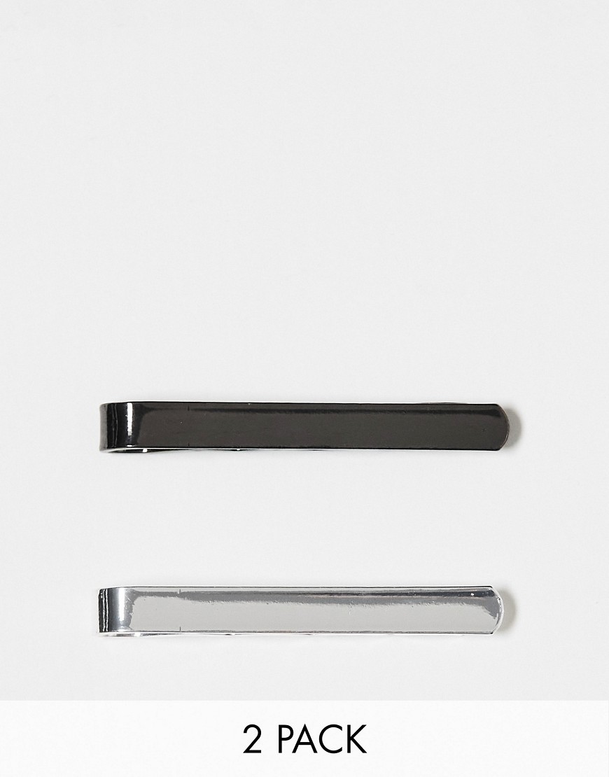 Asos Design 2 Pack Tie Bar Set In Silver And Gunmetal Tone In Metallic