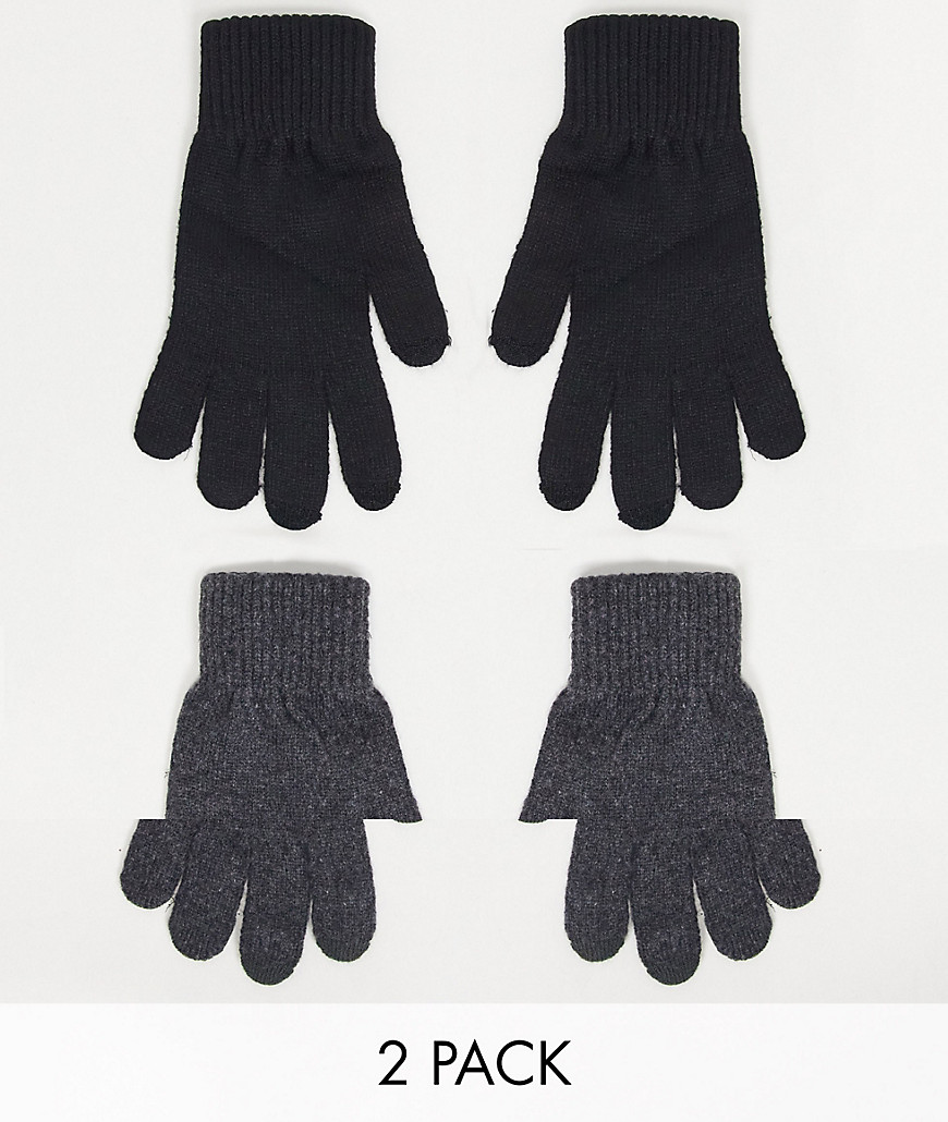 ASOS DESIGN 2 pack touch screen gloves in recycled polyester in black and charcoal-Grey