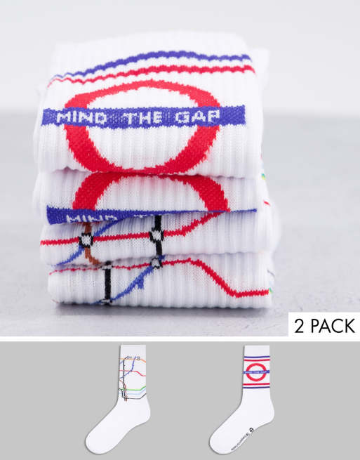 ASOS DESIGN 2 pack Transport for London Underground sports socks in white
