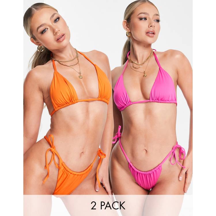 ASOS DESIGN 2-pack triangle & tie side bikini sets in pink and orange