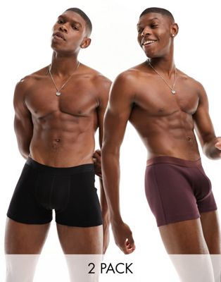 ASOS DESIGN 2 pack trunks in black and burgundy with thicker waistband
