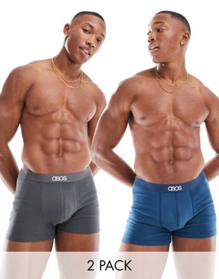 ASOS DESIGN 2 pack trunks in blue and charcoal