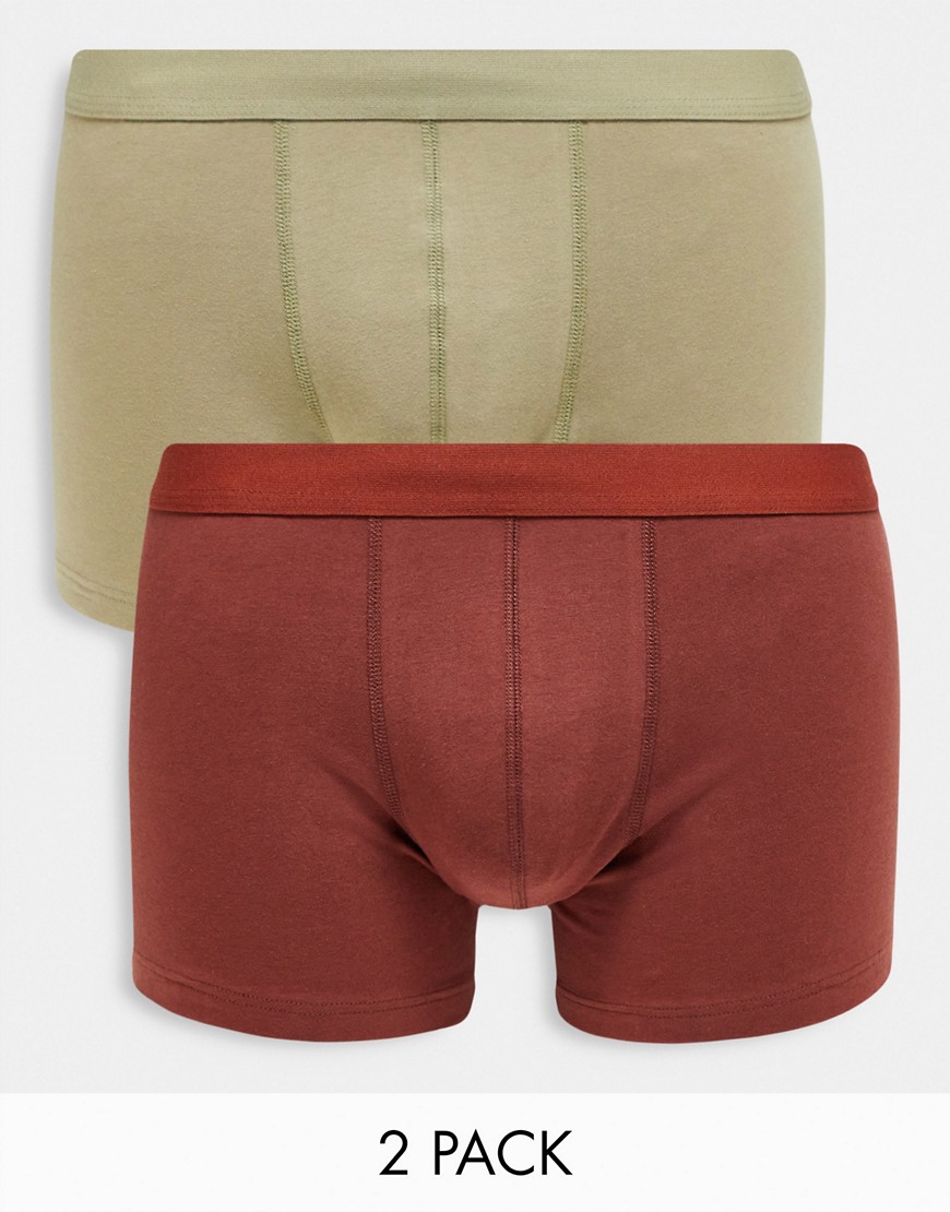 ASOS DESIGN 2 pack trunks in khaki and burgundy-Green
