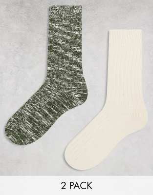 Asos Design 2 Pack Twist Sock In Ecru And Green-multi