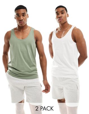 ASOS DESIGN 2 pack vests in white and mid green