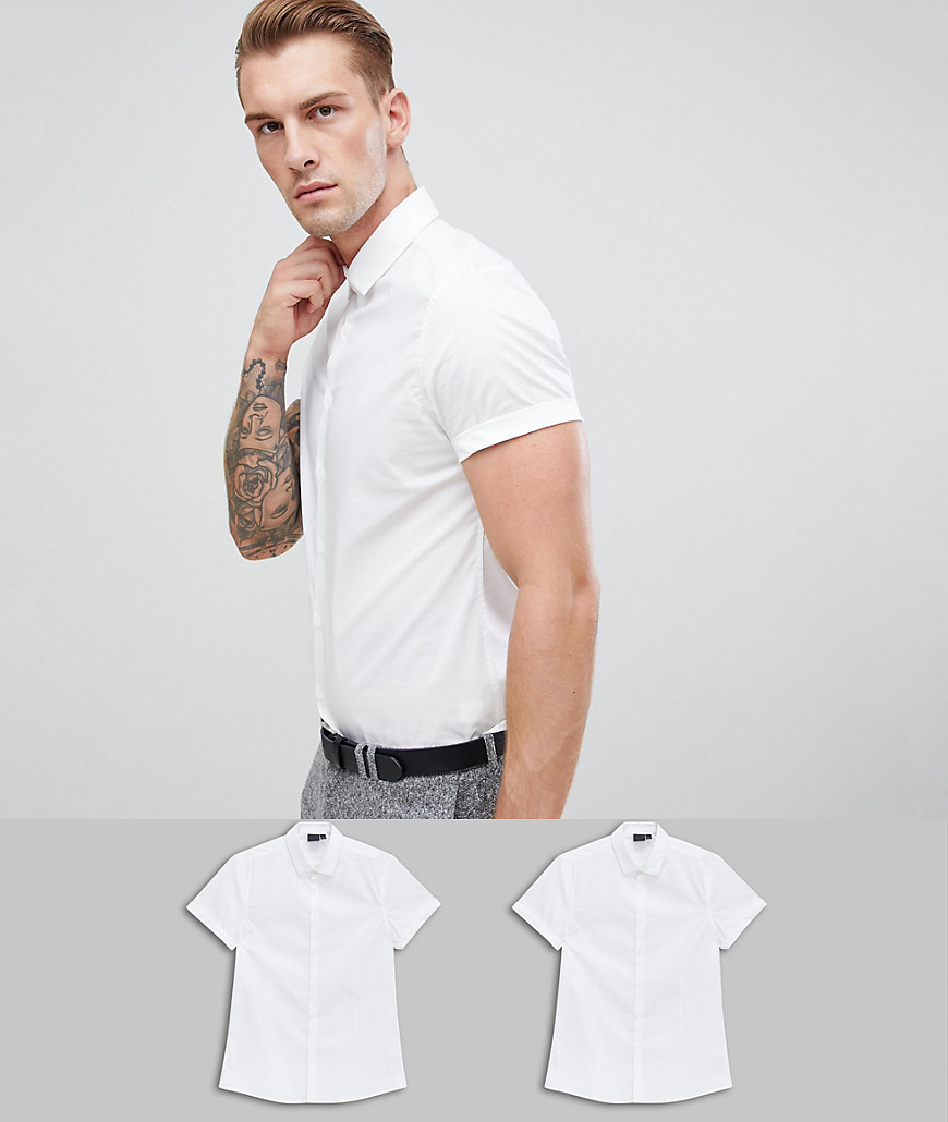 ASOS DESIGN – 2-pack vita, kortärmade arbetsskjortor med smal passform – Spara-Flerfärgad