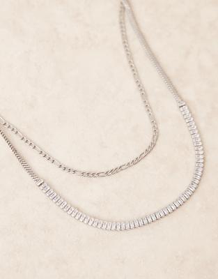 Asos Design 2 Pack Waterproof Stainless Steel Baguette Crystal And Chain Necklace In Silver