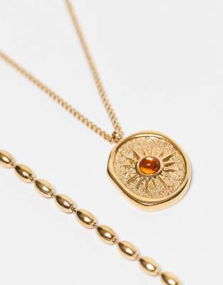 Asos Design 2 Pack Waterproof Stainless Steel Ball Chain Necklace With Oval Sun Pendant In Gold