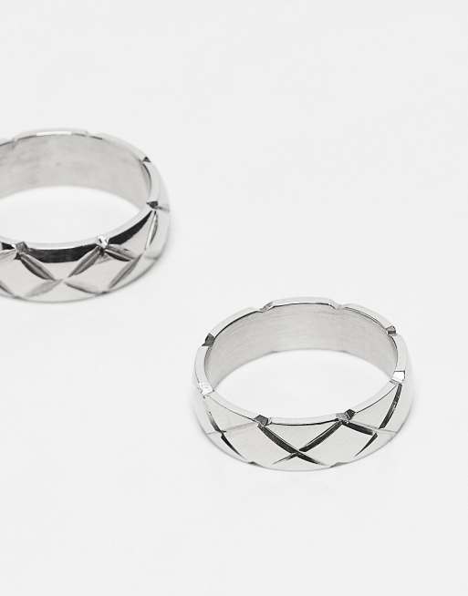 ASOS Design 2 Pack Waterproof Stainless Steel Band Ring with Embossing in Silver Tone