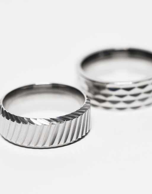 ASOS Design 2 Pack Waterproof Stainless Steel Band Rings with Embossing in Silver Tone