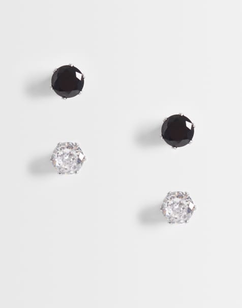 ASOS DESIGN 2-pack waterproof stainless steel black and crystal stud earrings in silver - view 1