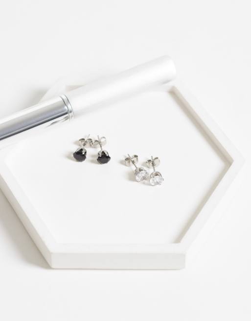 ASOS DESIGN 2-pack waterproof stainless steel black and crystal stud earrings in silver, 2 of 4