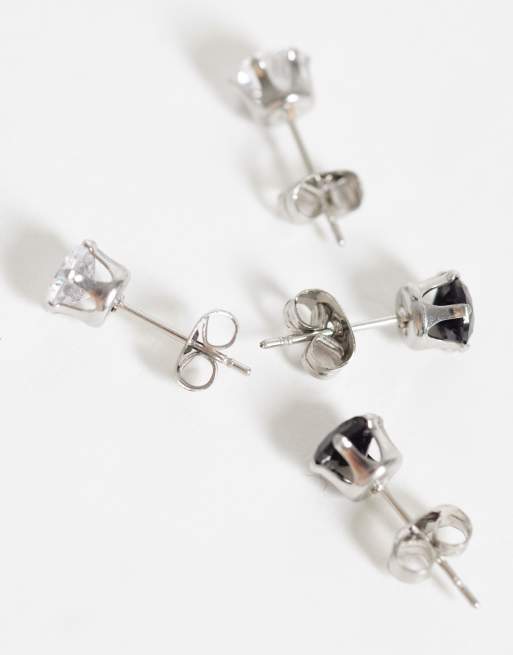 ASOS DESIGN 2-pack waterproof stainless steel black and crystal stud earrings in silver, 3 of 4