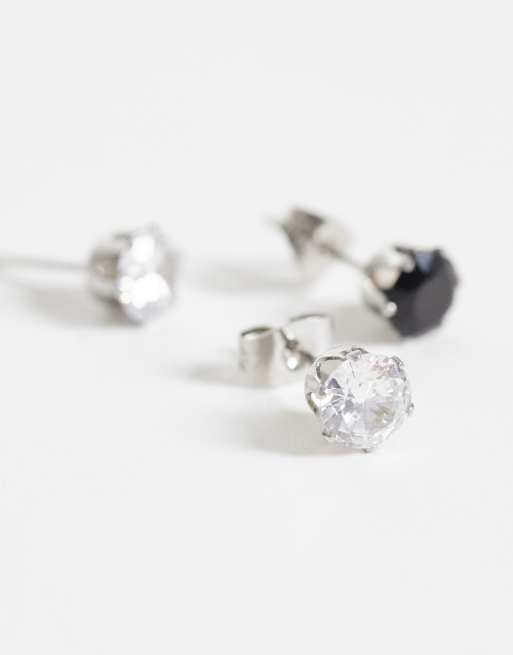 ASOS DESIGN 2-pack waterproof stainless steel black and crystal stud earrings in silver, 4 of 4