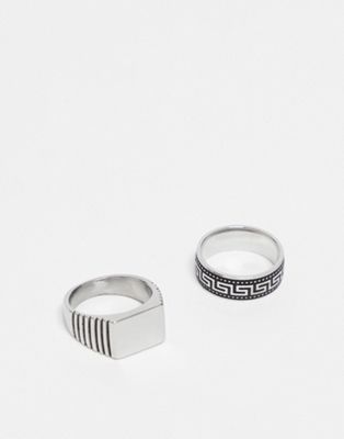 ASOS DESIGN 2 pack waterproof stainless steel greek wave slim signet and band ring in silver tone