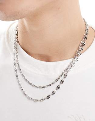 2 pack waterproof stainless steel mixed chain necklace set in silver tone