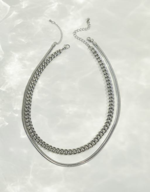 ASOS DESIGN 2 pack waterproof stainless steel mixed neck chain set in silver tone