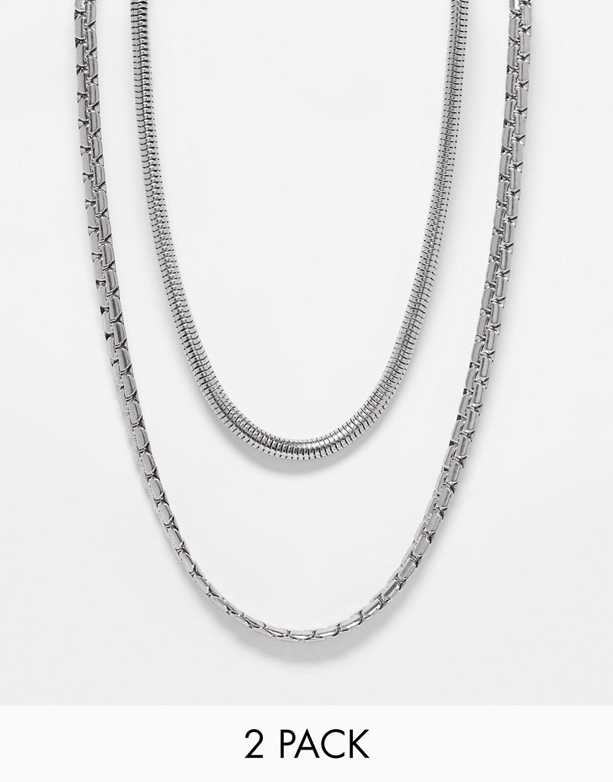 Asos Design 2 Pack Waterproof Stainless Steel Mixed Neck Chain Set In Silver Tone