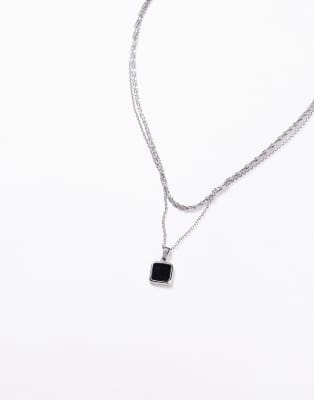 Asos Design 2 Pack Waterproof Stainless Steel Necklace With Black Square Pendant In Silver
