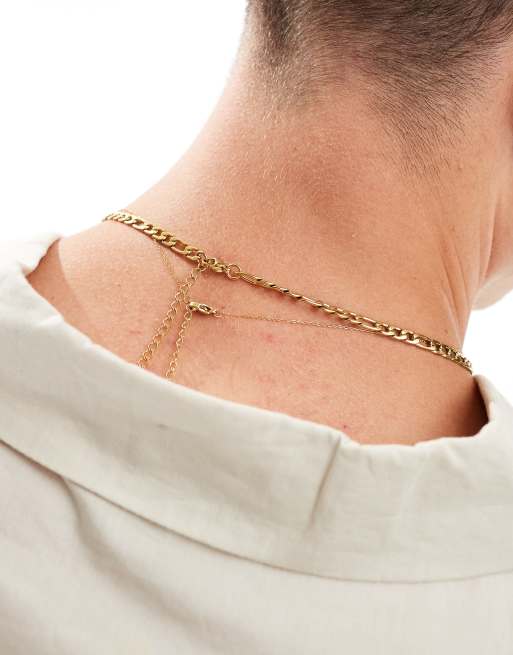 ASOS DESIGN 2 pack waterproof stainless steel necklace with black stone in gold tone
