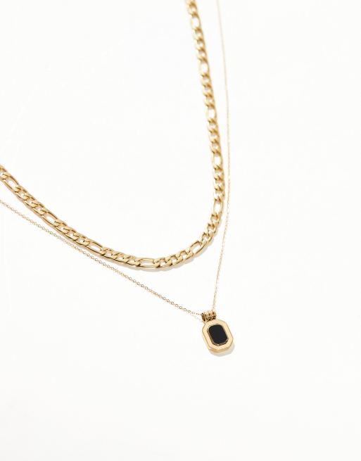 ASOS DESIGN 2 pack waterproof stainless steel necklace with black stone in gold tone
