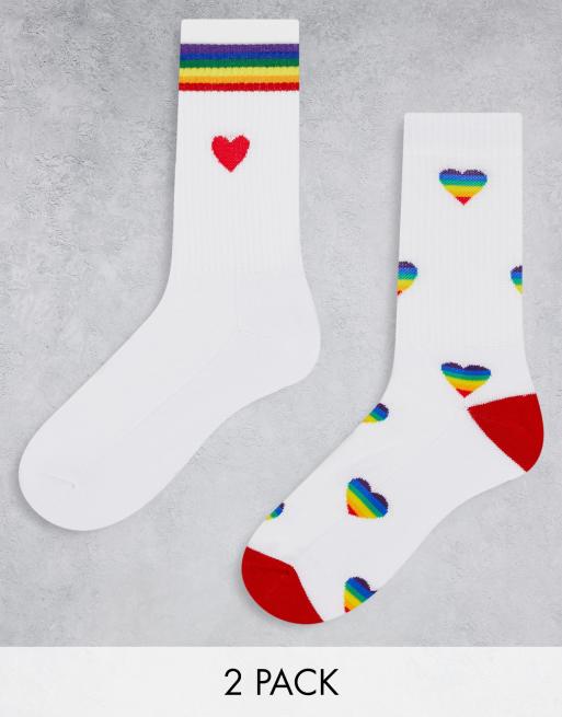 ASOS DESIGN 2 pack white sports socks with multi color hearts