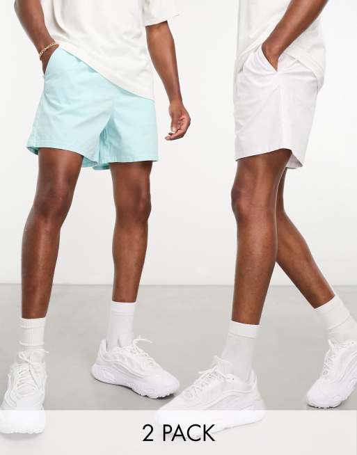 ASOS DESIGN 2 pack wide chino shorts in shorter length in white and light blue 