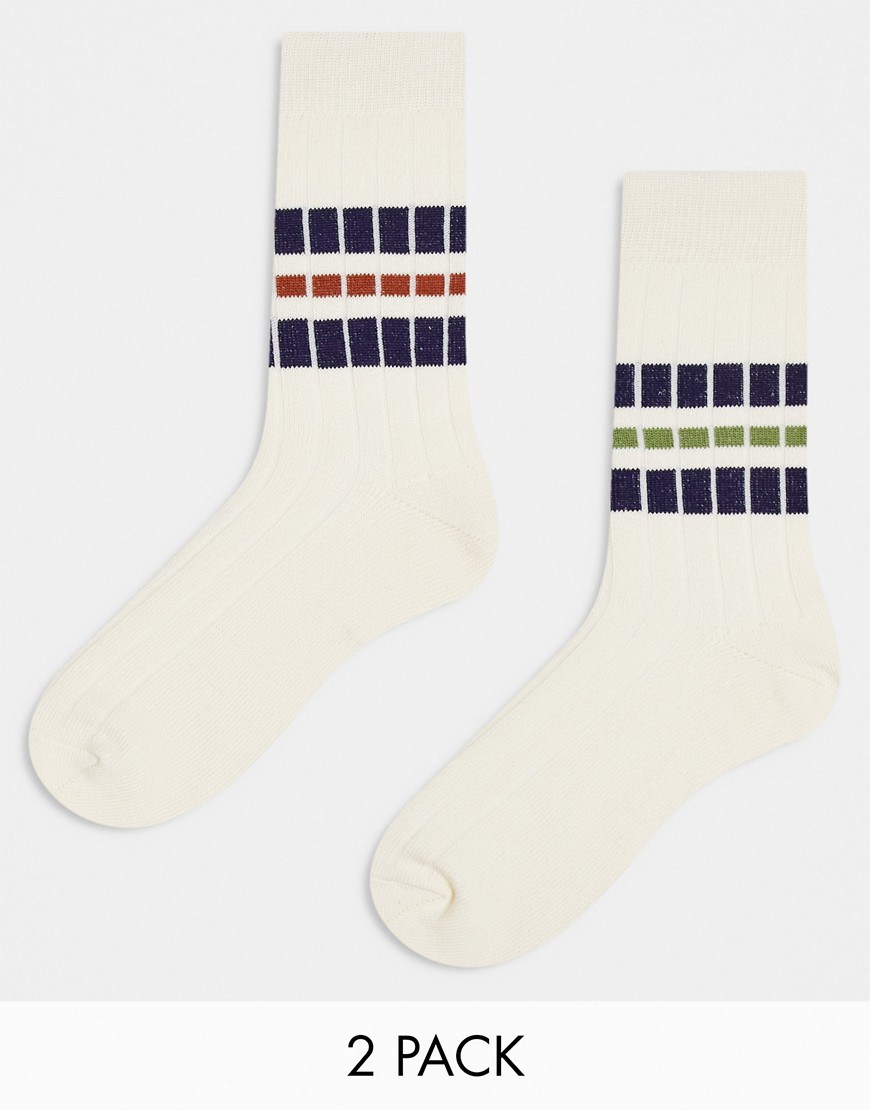 Asos Design 2 Pack Wide Ribbed Socks In Off White With Stripes