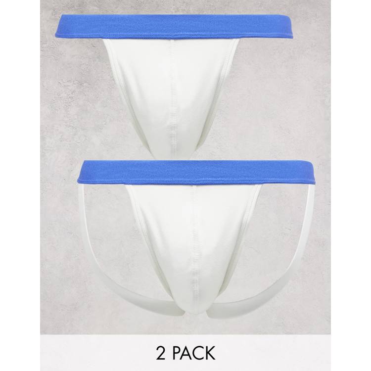 ASOS DESIGN 2 pack with thong and jock in white with contrast blue  waistband