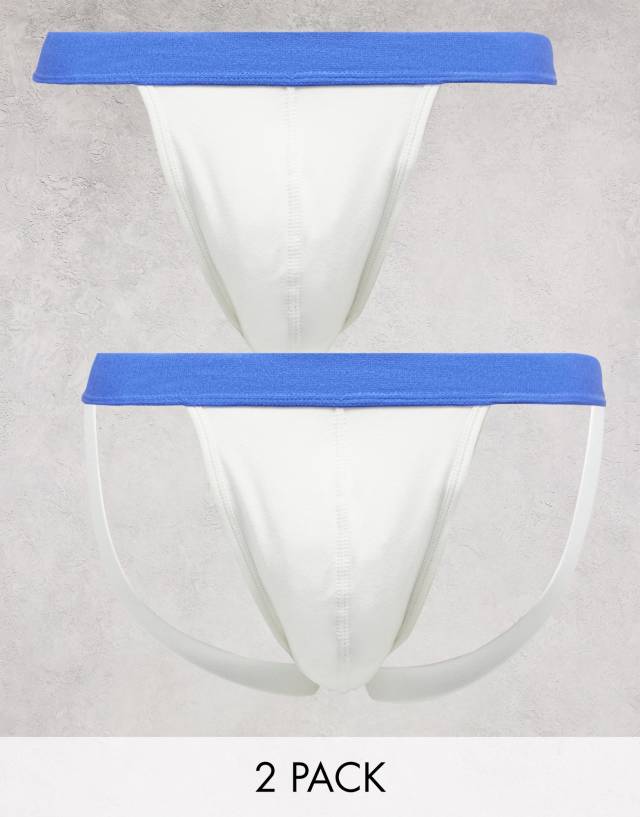 ASOS DESIGN 2 pack with thong and jock in white with contrast blue waistband