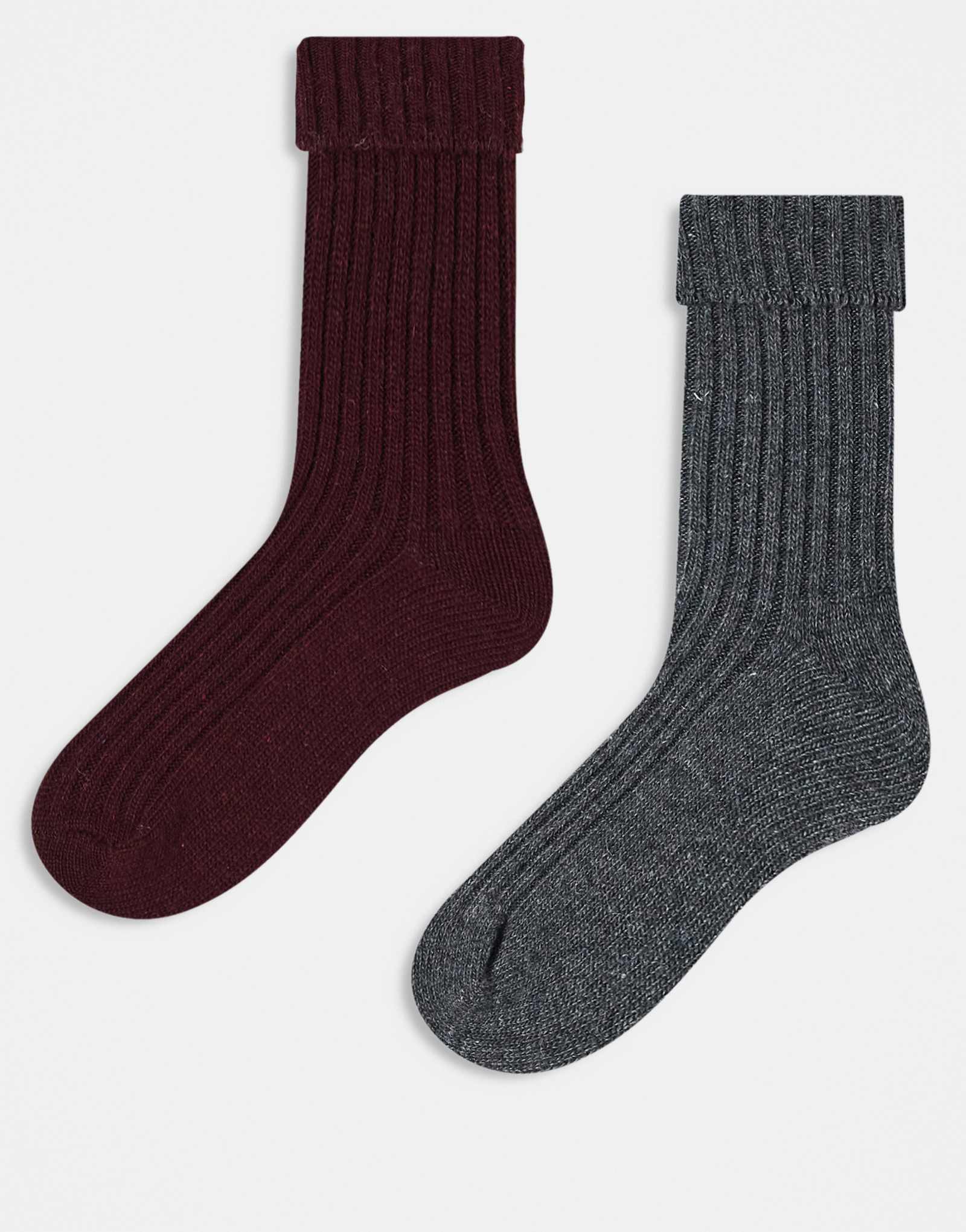 ДИЗАЙНЕРСКИЕ шерстяные носки-ботильоны ASOS DESIGN из 2 упаковок бордового и угольно-серого цветов